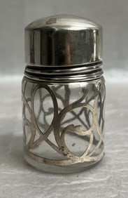 Antique Glass Vanity or Powder Jar with a sterling lid and Overlay  1.3 oz