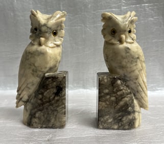 Pait Of Hand Carved Vintage Owl  Bookends Made of Genuine Alabaster