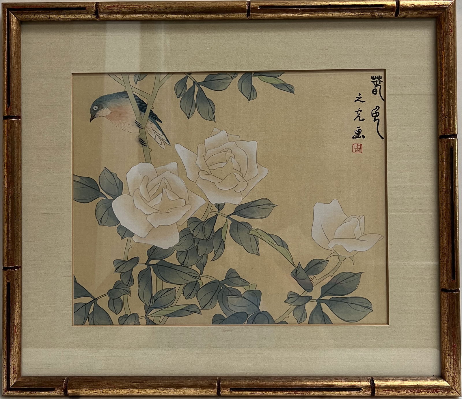 original Nihonga painting features the classic "bird and flower" (1 of 3)