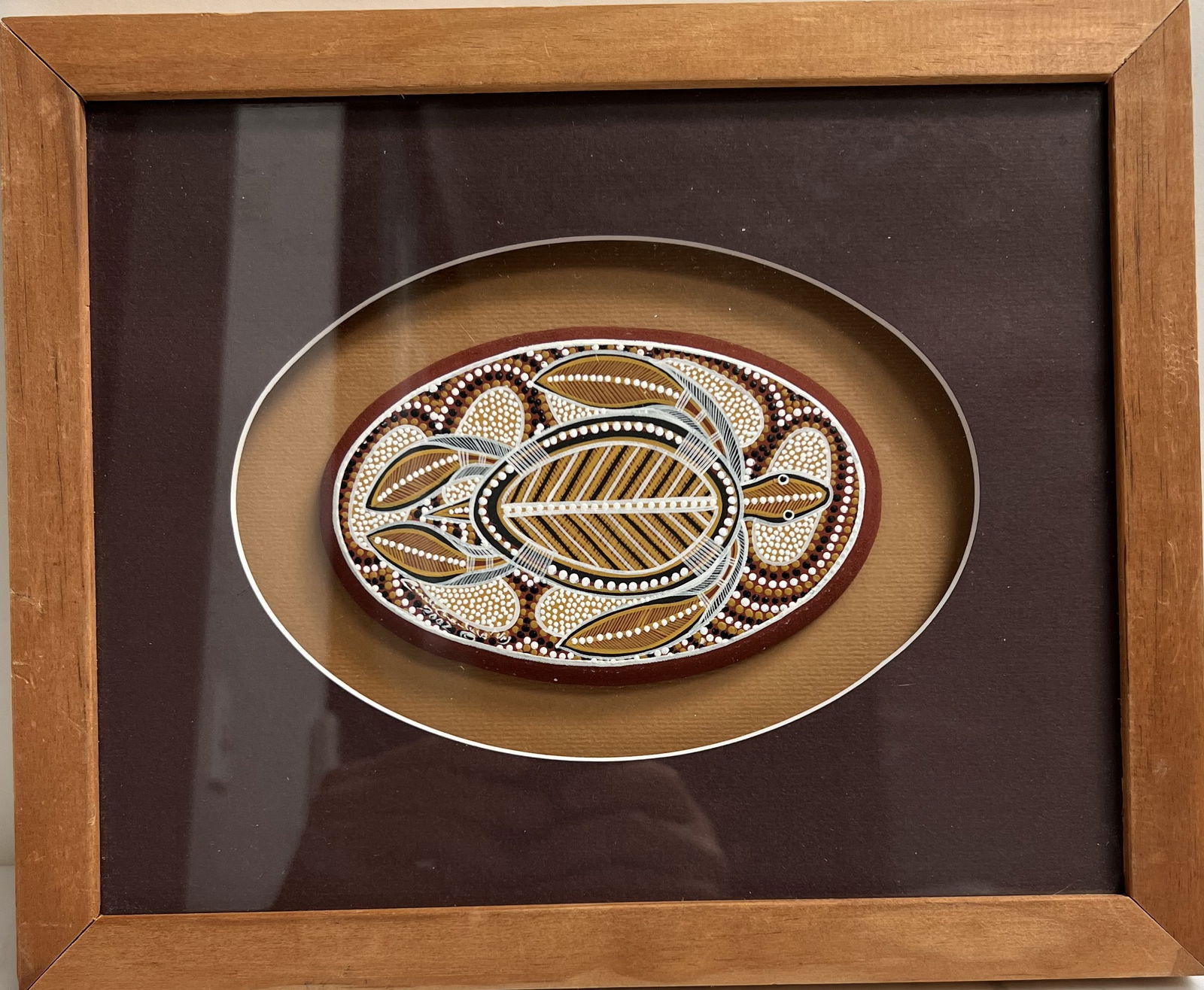 Authentic Charlie Chambers Jr Aboriginal Sea Turtle Painting - Signed w/ COA: This framed artwork is an original painting by Charlie Chambers (Jr), a renowned Aboriginal artist from Cherbourg, Queensland, Australia. The piece depicts a sea turtle using traditional dot painting