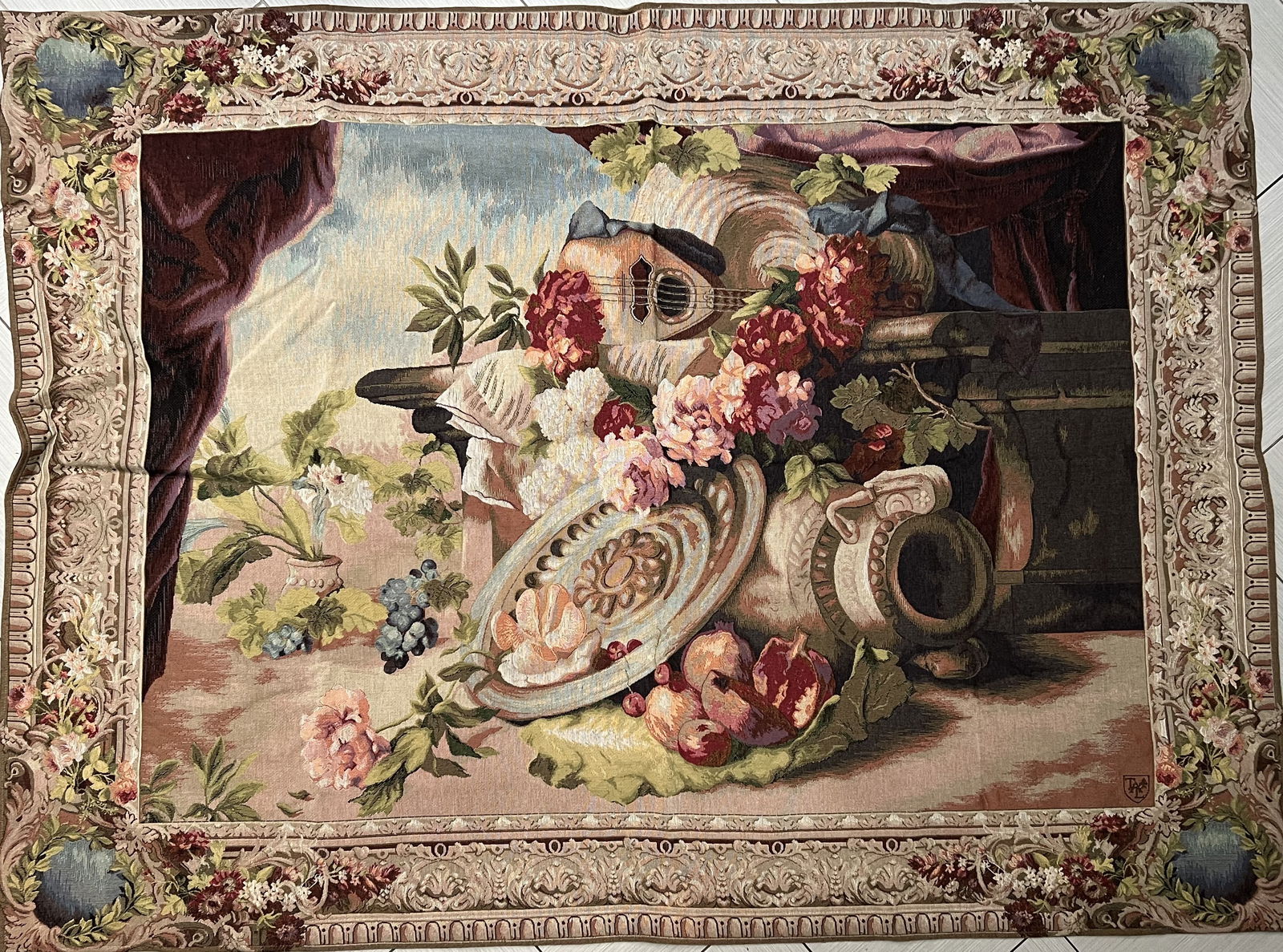 Large French Wall Tapestry - "Mandolin" Still Life by Goblys (1 of 2)
