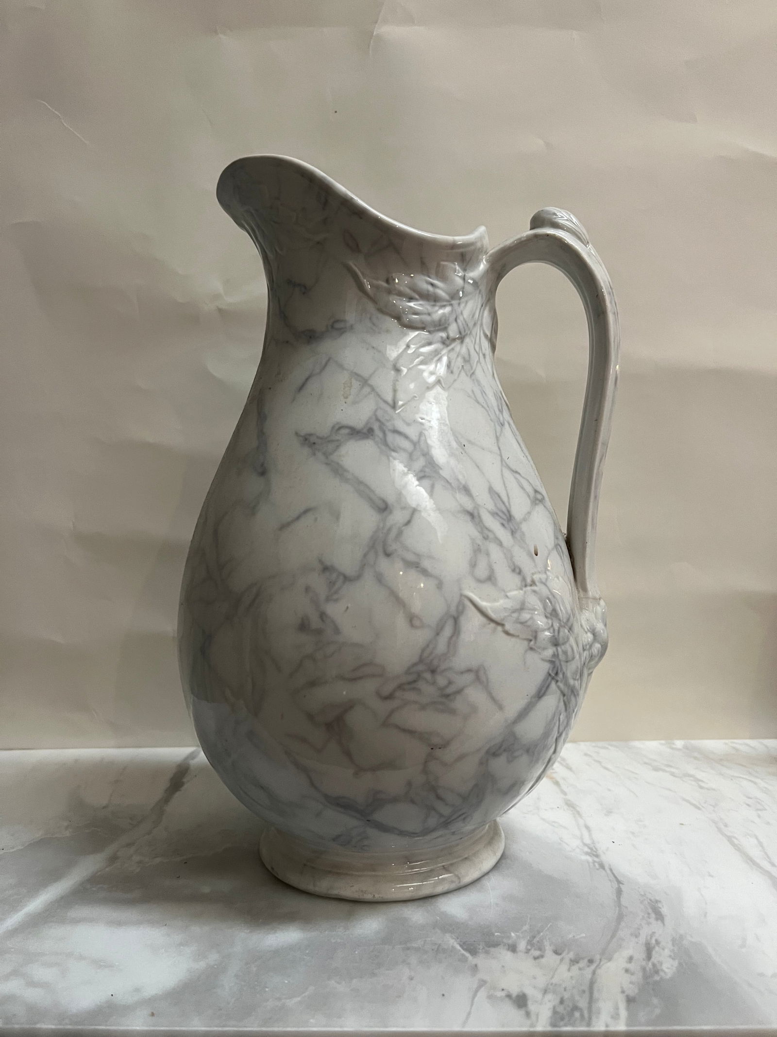 Large 13” Vintage-Style Marbleized Ceramic Pitcher with Leaf Relief & Scalloped Rim (1 of 4)
