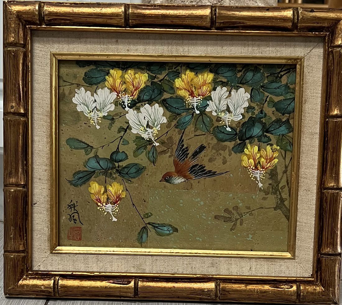 Mid-Century Chinoiserie Art - Hand-Painted Bird on Gold Foil - Signed with Red Seal (1 of 2)
