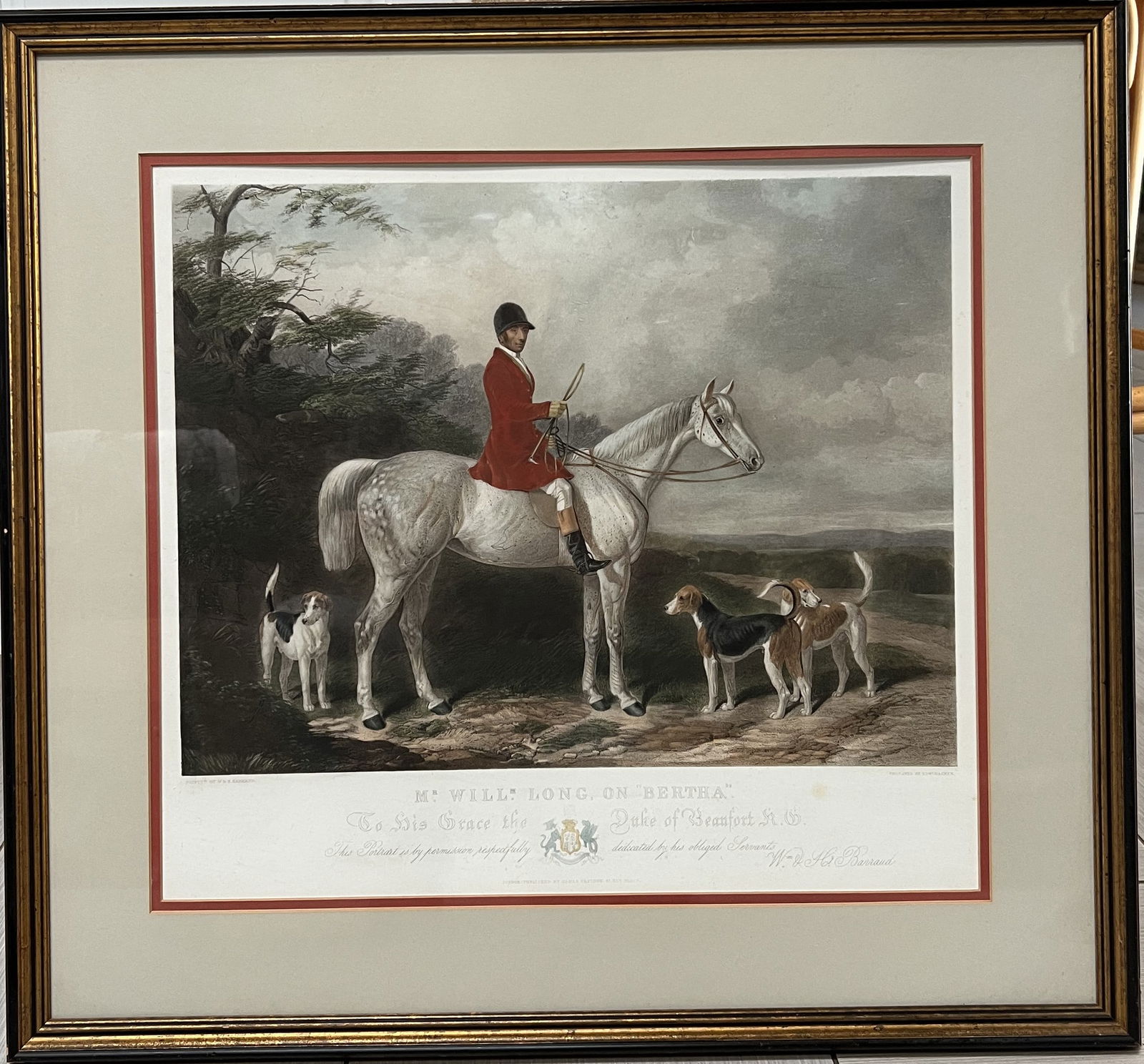 Antique 19th C. English Hunting Engraving - "Mr. Willm. Long on Bertha" - 27"x25" (1 of 2)