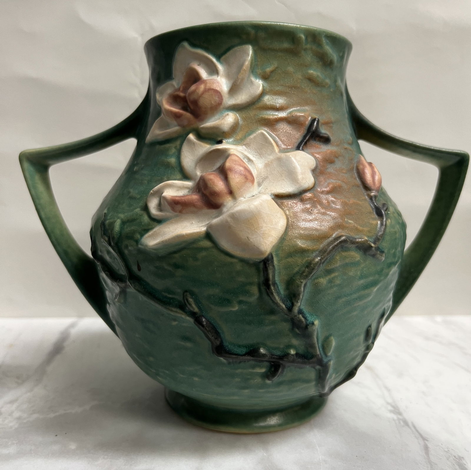 Vintage Roseville Pottery Magnolia Green Double-Handled Vase #88-6 (1943) (1 of 3)