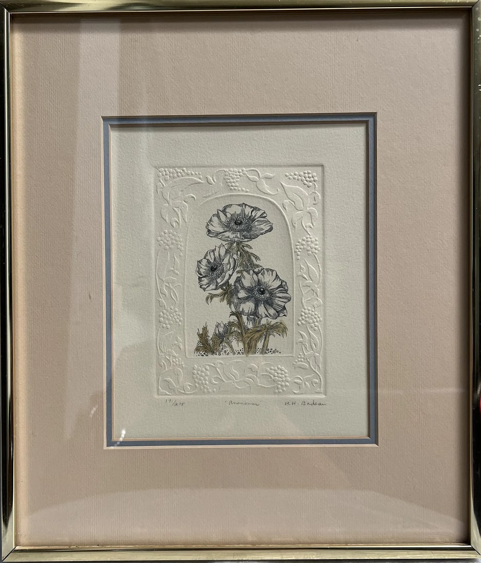 Rachel Badean botanical art print, likely a hand-colored etching (1 of 3)