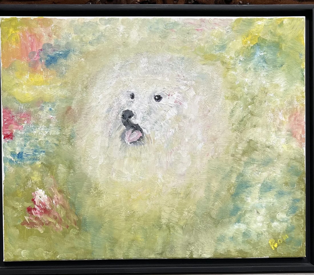 Vibrant acrylic painting features a fluffy white dog: This vibrant acrylic painting features a fluffy white dog, possibly a Samoyed or Bichon Frise breed, surrounded by abstract, impressionistic brushstrokes of yellow, green, and pink. The artist's style