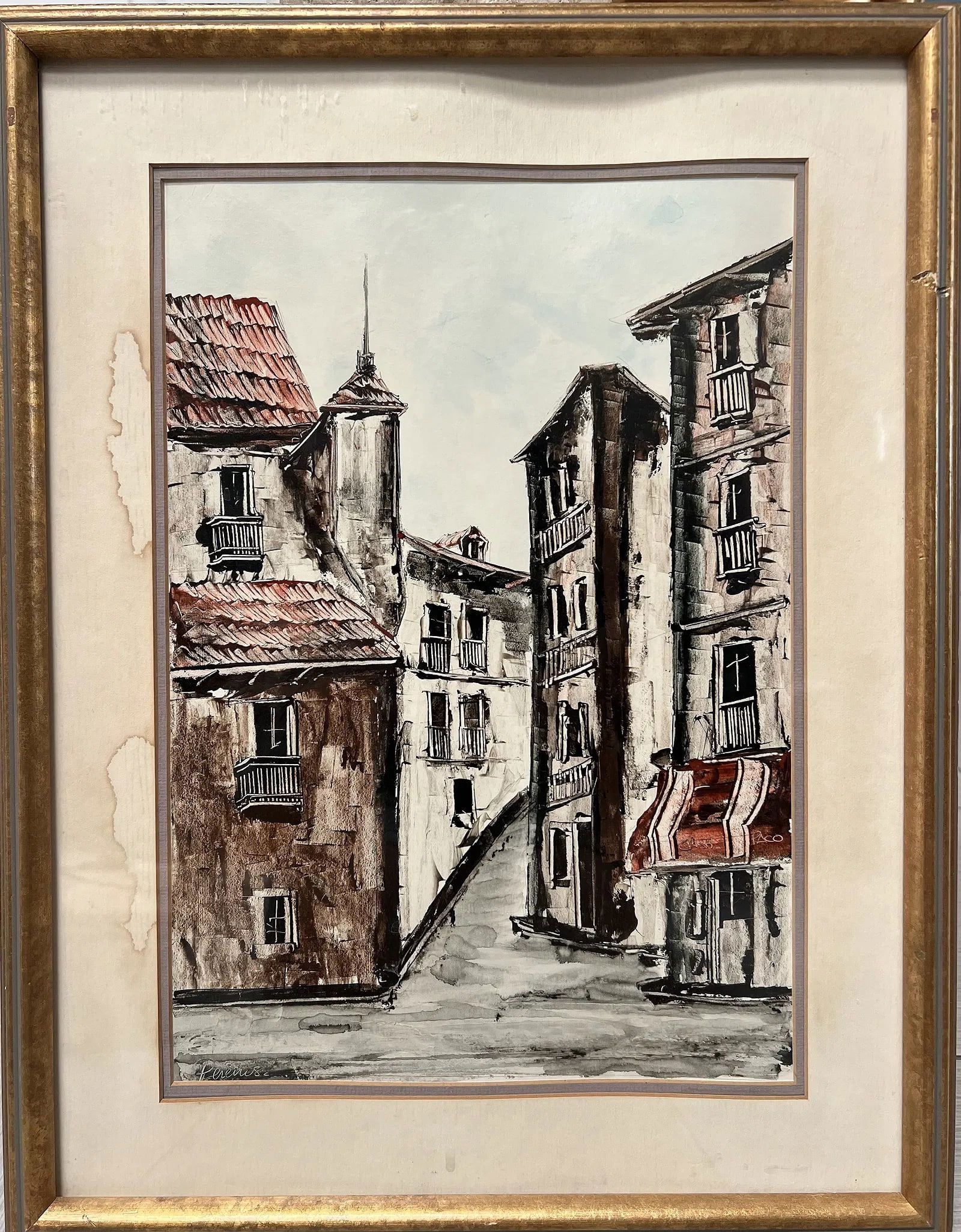 A charming European street scene, is likely the work of Spanish artist Juan Martin Hidalgo (1 of 2)