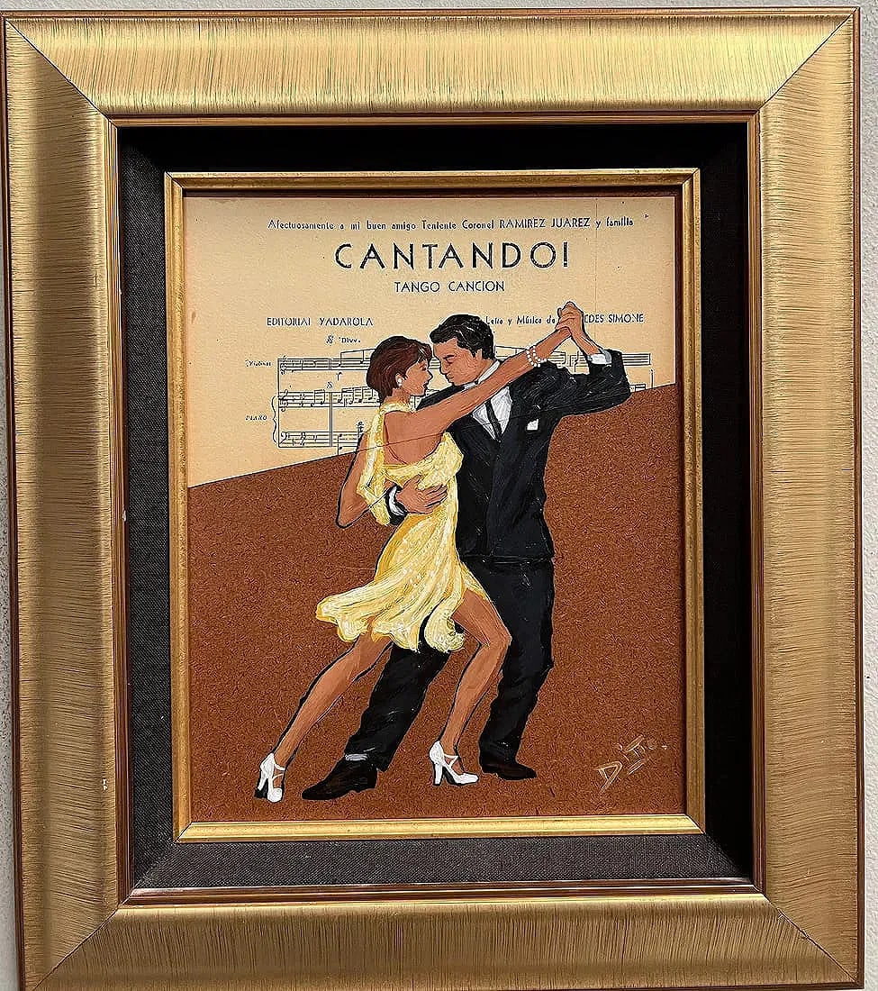 Marcela Ditomasso Multi Media on Board Signed Lower Rt: The product is a framed, medium-sized painting by artist Marcela Ditomasso featuring dancers as the subject. The painting is signed by the artist and made of cardboard. Produced in the United States i