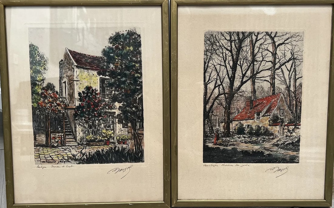 Pair of Framed Hand Colored etchings by MAURICE JACQUE, Hand Signed (1 of 3)