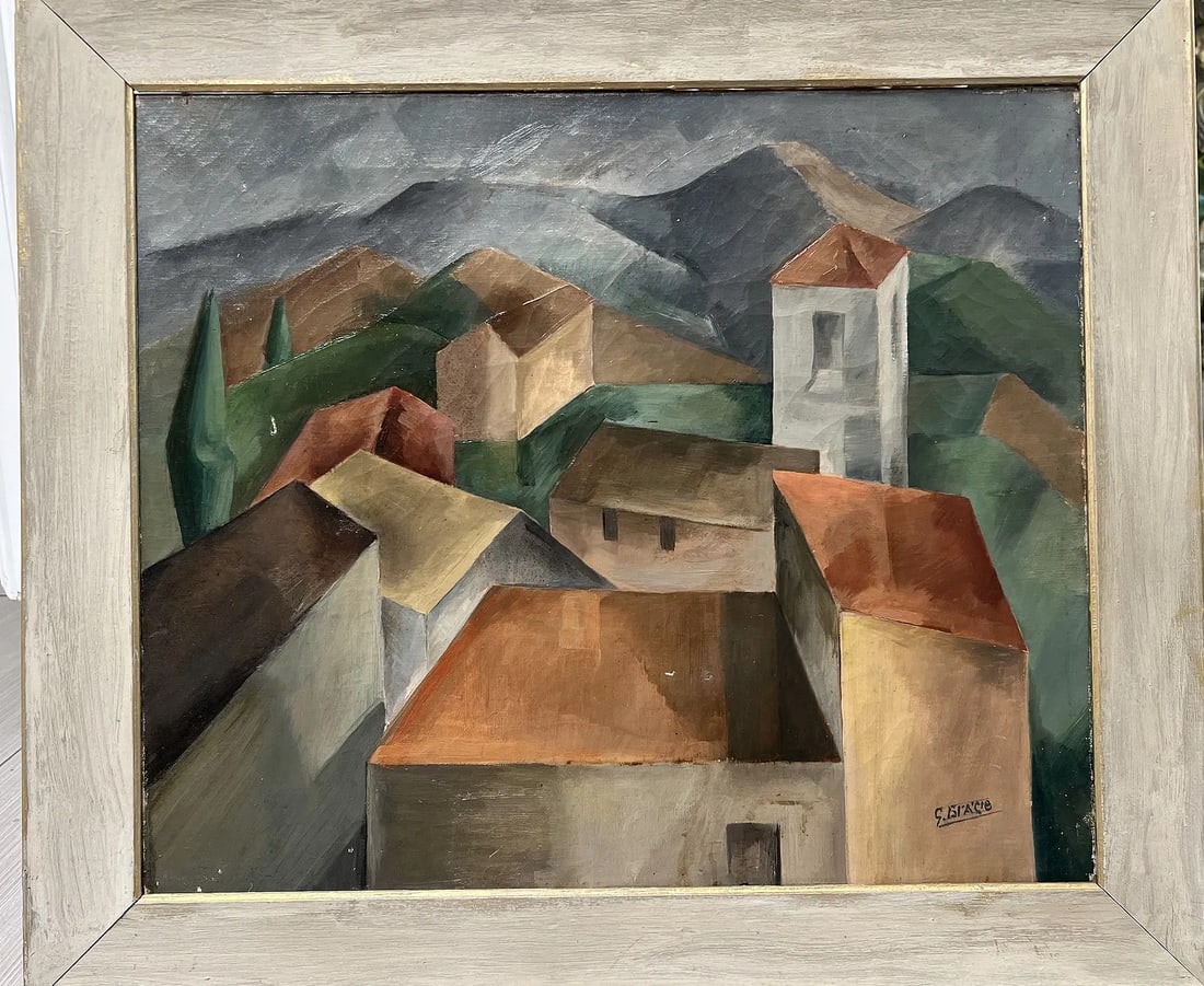 "Geometric Village" – Mid-Century Modernist Cubist Landscape, Signed S. Bracci (c. 1950s) Listing: A striking mid-century oil on canvas landscape depicting a hillside village. The artist utilizes Analytical Cubism to reduce the traditional architecture and foliage into a rhythmic arrangement of int