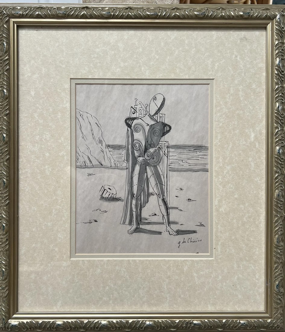 Giogio De Chirico ,attributed to , Inc on Paper Auction Lables on back: The ink on paper drawing in the image depicts a figure, likely Don Quixote, standing on a beach or barren landscape, characterized by a surrealist style. Subject: The central figure is tall and slende