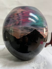 Large Ralph Rankin Hand-Painted Art Pottery Vase - Mountain & Aurora Landscape - 9" x 9"