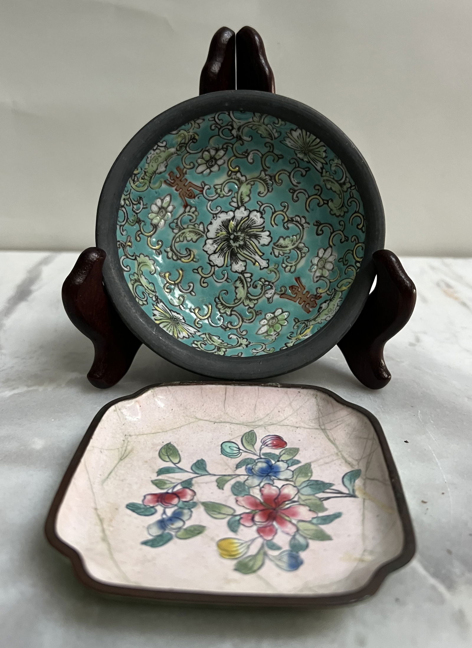 Mid-Century Asian Trinket Set: ACF Hong Kong Pewter-Encased Bowl & Chinese Enameled Floral Dish" (1 of 2)