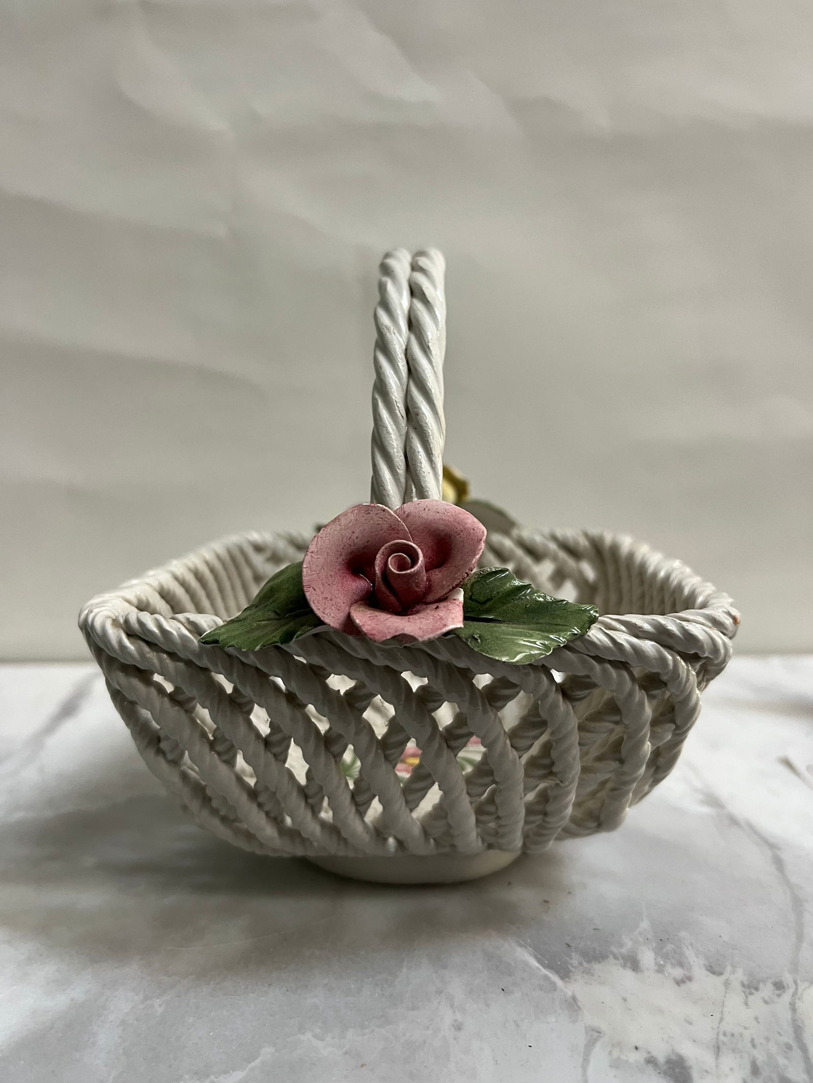 Vintage Italian Capodimonte Woven Porcelain Basket with Applied Roses" (1 of 3)