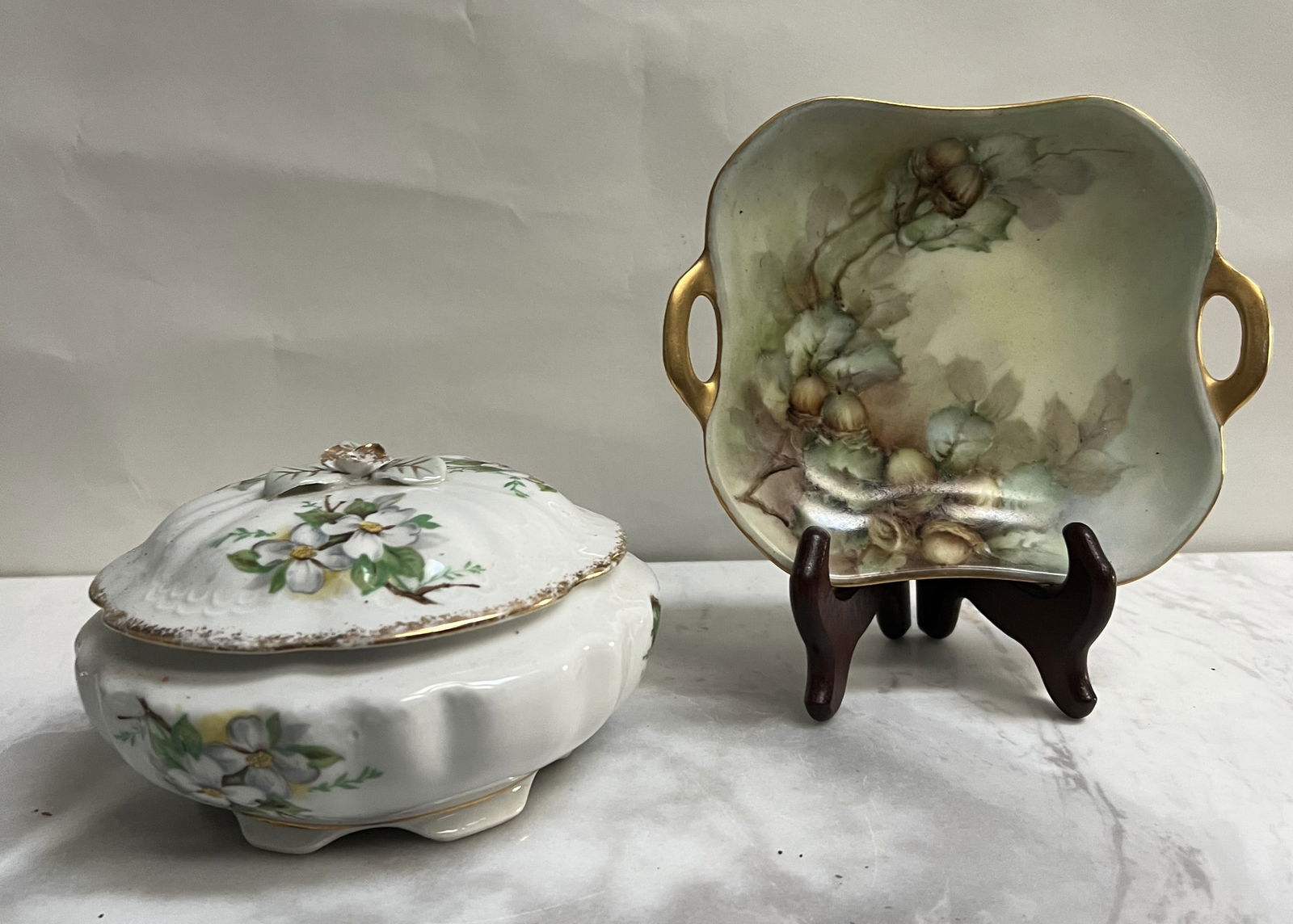 Vintage Porcelain Trinket Set: Dogwood Covered Bowl & German Handled Floral Dish" (1 of 4)