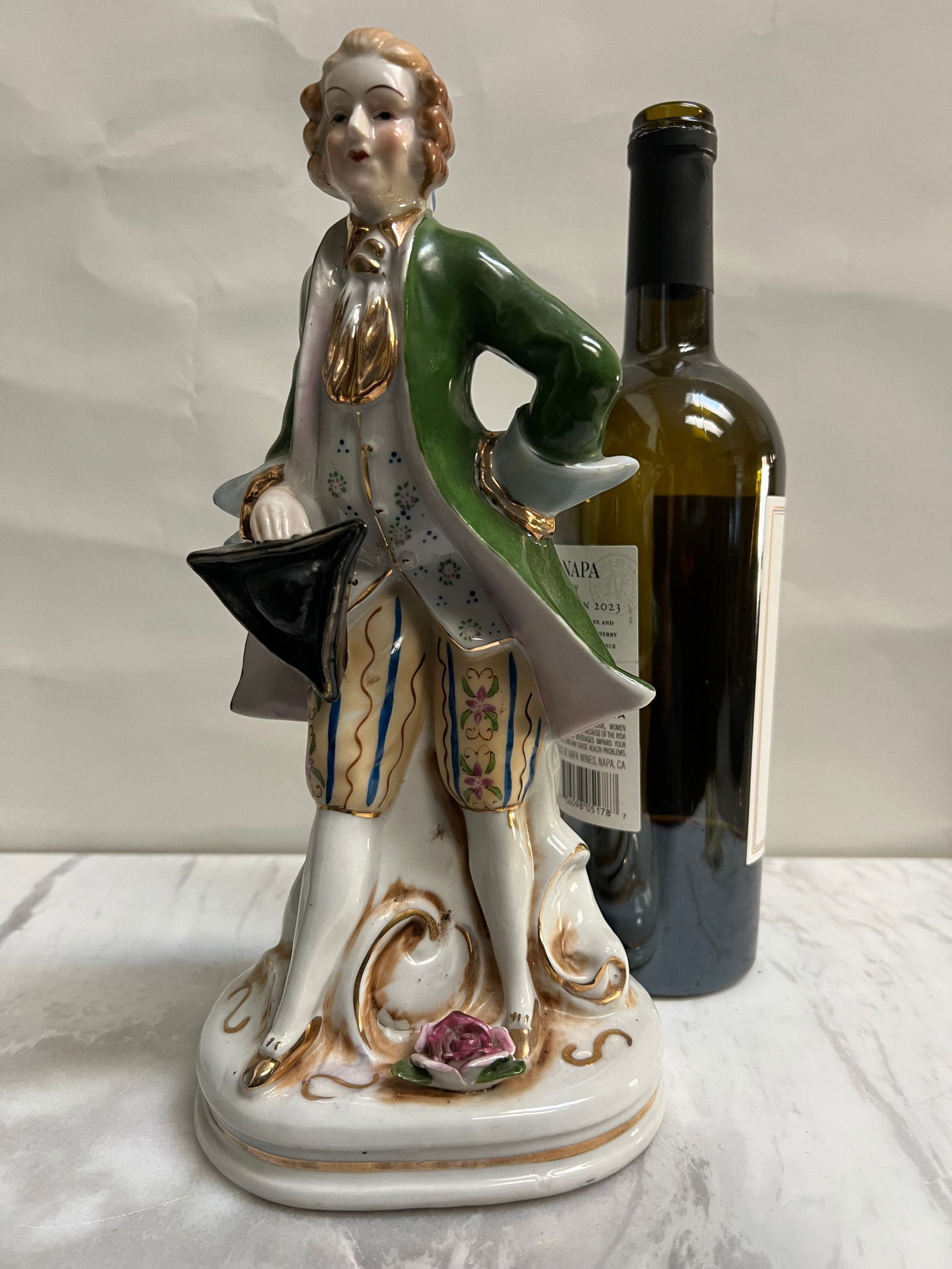 "Vintage 11” Colonial Gentleman Porcelain Statue – Hand-Painted Green Frock Coat" (1 of 3)