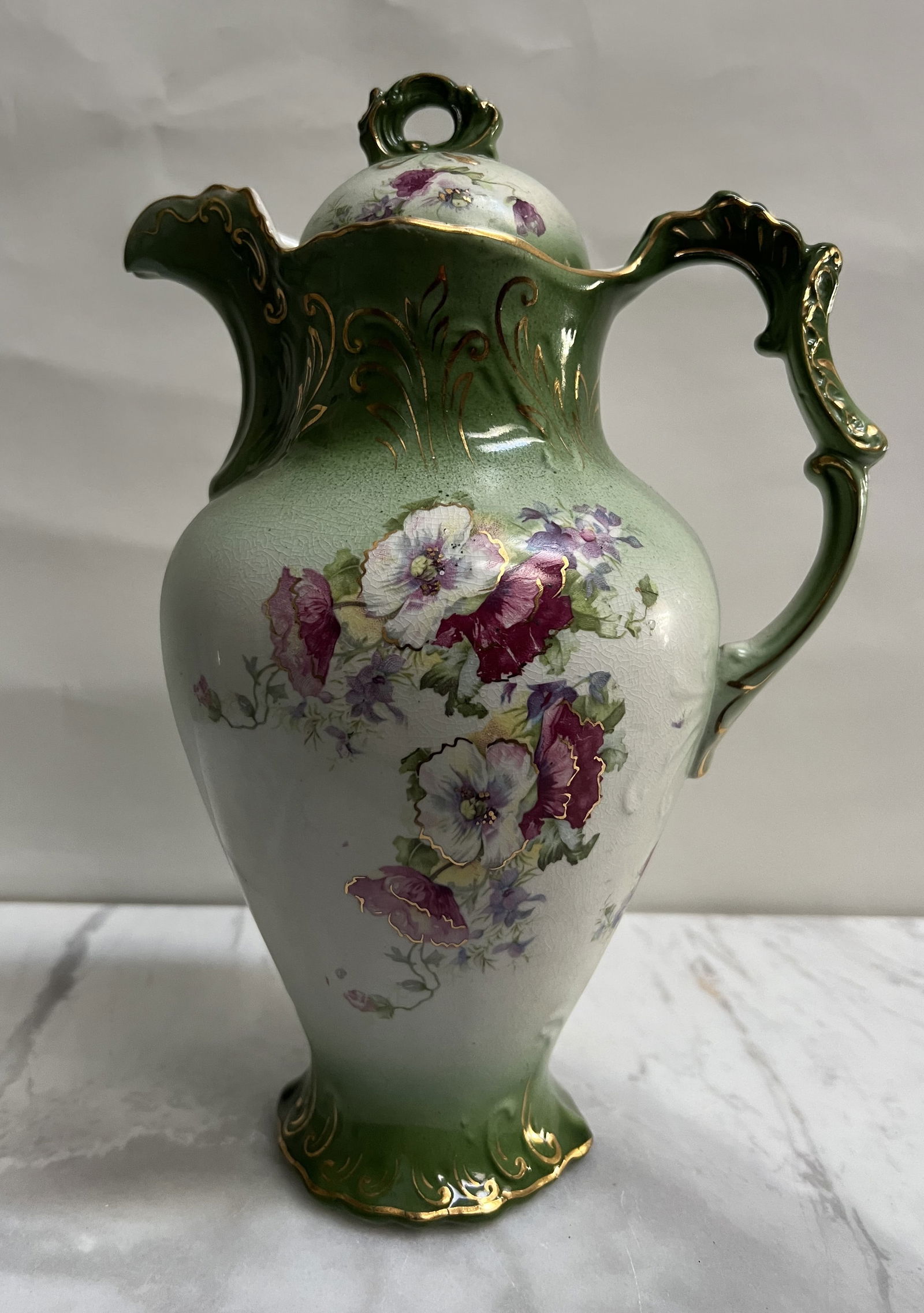 Antique Buffalo Pottery Chocolate Pot Porcelain Pitcher Pink Flowers Green Gold Trim Victorian Art N (1 of 4)