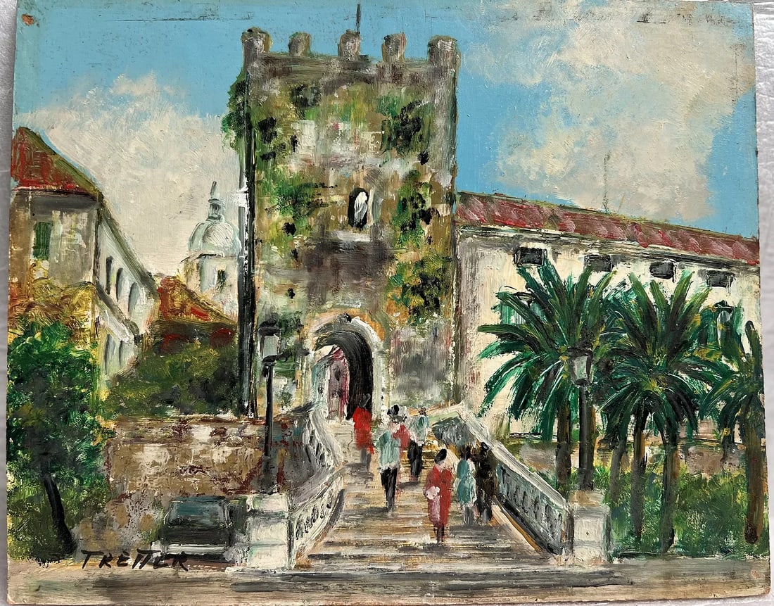 Joseph Tretter Stunning Smaller Oil On Board Mid Century Signed Lower Left: Immerse yourself in the charm of mid-century art with this original oil on board by Joseph Tretter. The piece exudes the essence of impressionism, capturing the lively spirit of cityscapes in a styliz