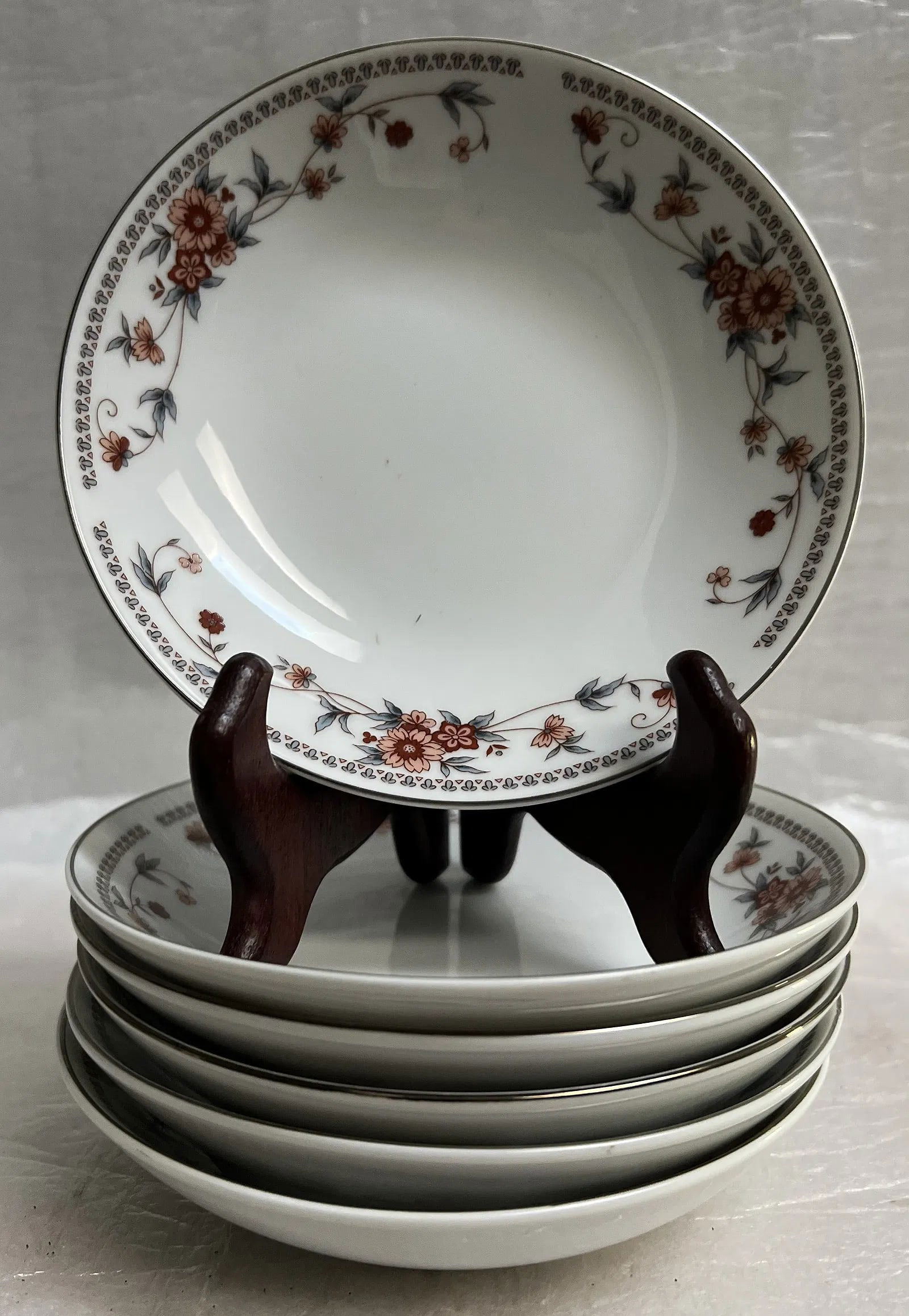 6 Pieces Set Sheffield Anniversary Porcelain Fine China 6 Dessert/ Fruit Bowls: 6 Pieces Sheffield Anniversary Porcelain Fine China 6 Dessert/ Fruit Bowls characterized by its floral pattern with peach/pink and rust-colored flowers, gray/blue leaves, and a silver rim. The pattern