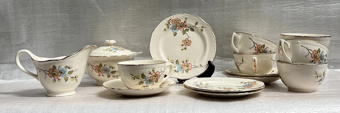 14 Piece Vintage Homer Laughlin China Tea Set Circa Mid Century: 14 Piece Vintage Homer Laughlin China Tea Set Circa Mid Century6 tea cups, 3 saucers, 3 cake plates , Sugar bowl, creamerHomer Laughlin China Company,tea set likely in the Virginia Rose shape, featuri