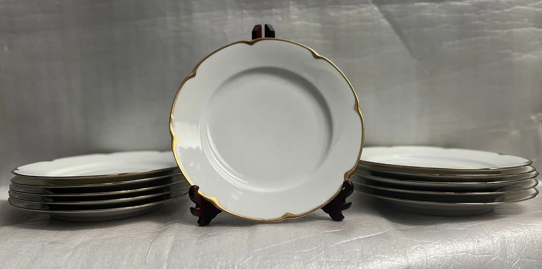 Set of 10 ( TEN) 10" Dinner Plates O & E Royal Austria with 24K Gold Trim: Add a touch of elegance to your dining table with this set of 10 Royal Austria dinner plates. The round bone china plates feature a stunning 24K gold trim that adds a touch of luxury to any meal. The