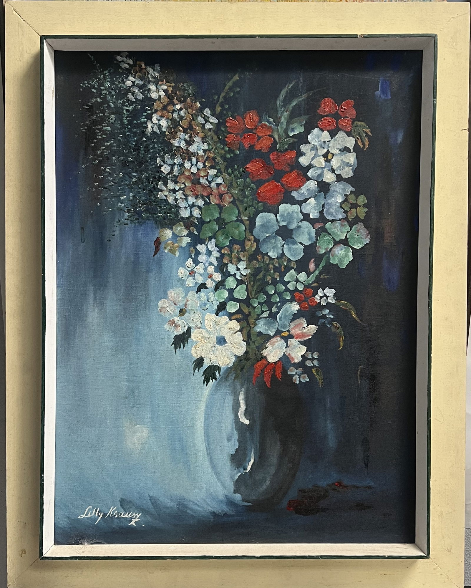 Mid-Century Floral Profusion in Midnight Blue: This striking original oil on canvas features a lush, vertical arrangement of wildflowers and garden blooms held in a dark, reflective vessel. The artist utilizes a dramatic chiaroscuro effect, where