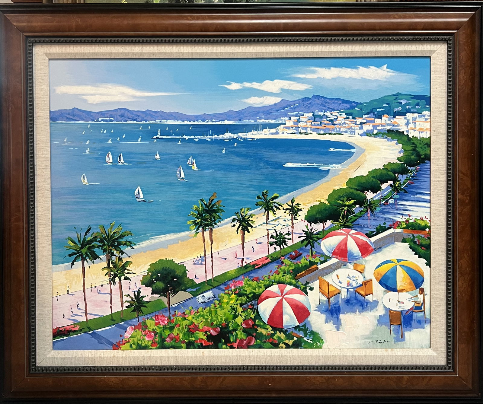 Beach View by Alex Pauker – Large Hand-Embellished Serigraph on Canvas: This expansive and sun-drenched coastal landscape by Alex Pauker captures the idyllic beauty of a Mediterranean beach. The work features a sweeping shoreline with vibrant beach umbrellas, towering pal