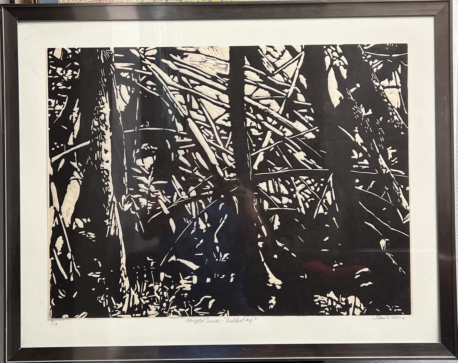 Jennifer Basile, "Mangrove Series - Untitled #4" (2011) – Limited Edition Woodcut on Rice Paper: Item DescriptionThis captivating woodcut print, titled "Untitled #4" from Basile’s acclaimed Mangrove Series, offers a high-contrast, immersive look into the dense thickets of the Florida Everglades