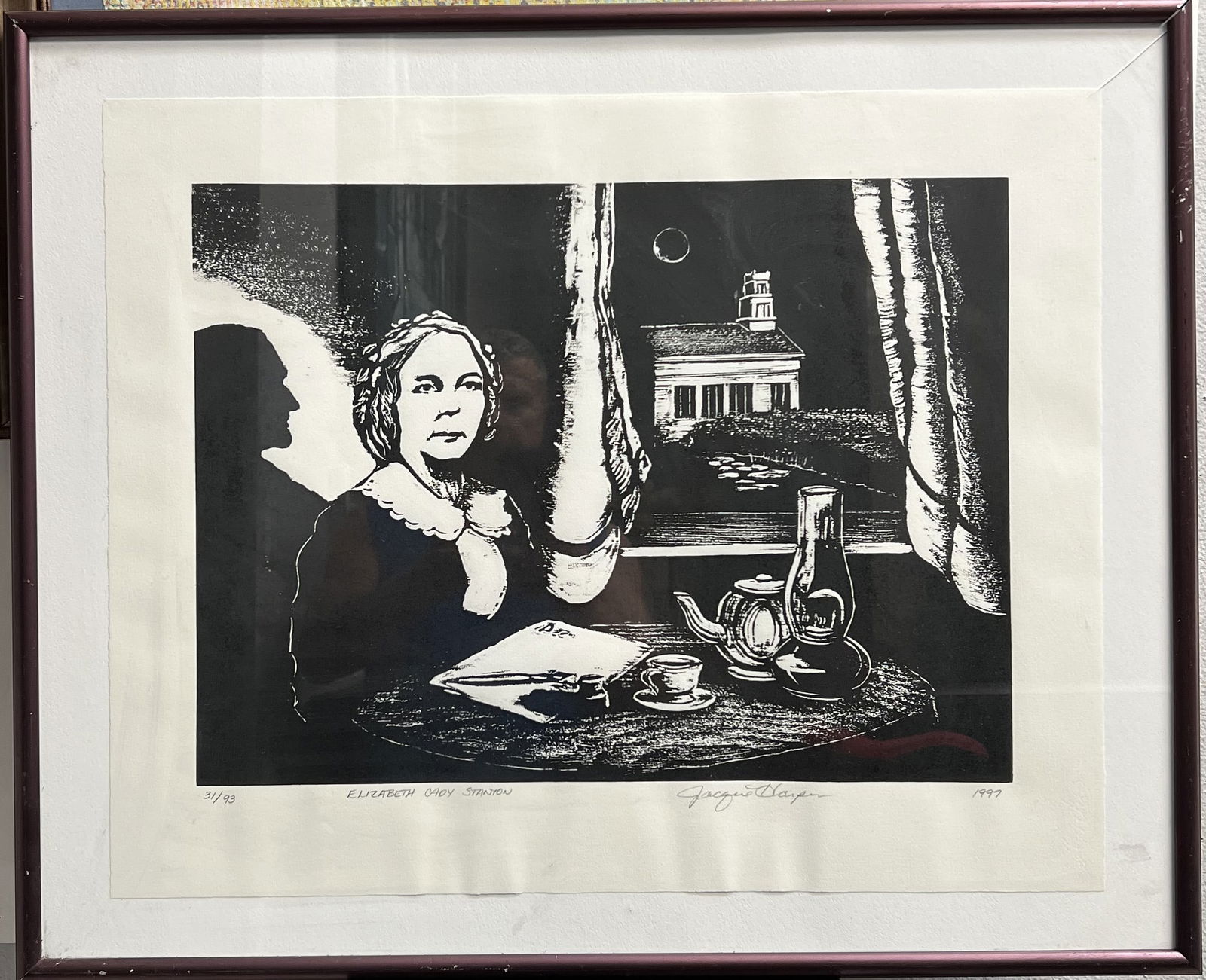 Jacque Harper (1999) "Elizabeth Cady Stanton" – Signed & Numbered Limited Edition Woodcut Print: This powerful black-and-white woodcut print depicts Elizabeth Cady Stanton, a leading figure in the early women's rights movement. The artist, Jacque Harper, expertly uses the medium's stark contrast