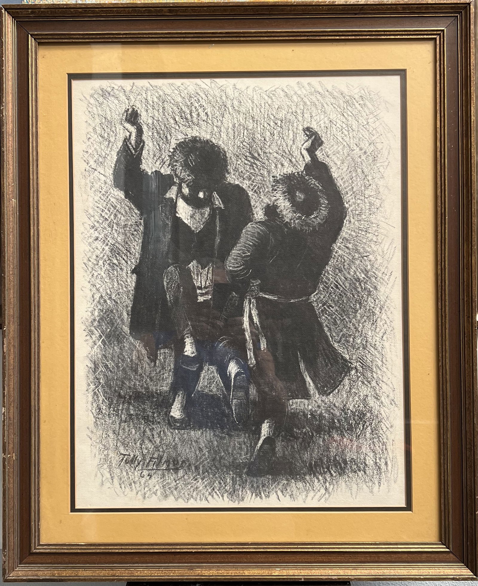 Tully Filmus (1964) "Chassidim Dance" – Original Signed Charcoal & Pastel Drawing: This large-scale charcoal and pastel work captures a spirited moment of traditional dance, a central theme in Filmus’s body of work. The piece is executed on paper and showcases the artist's masterf