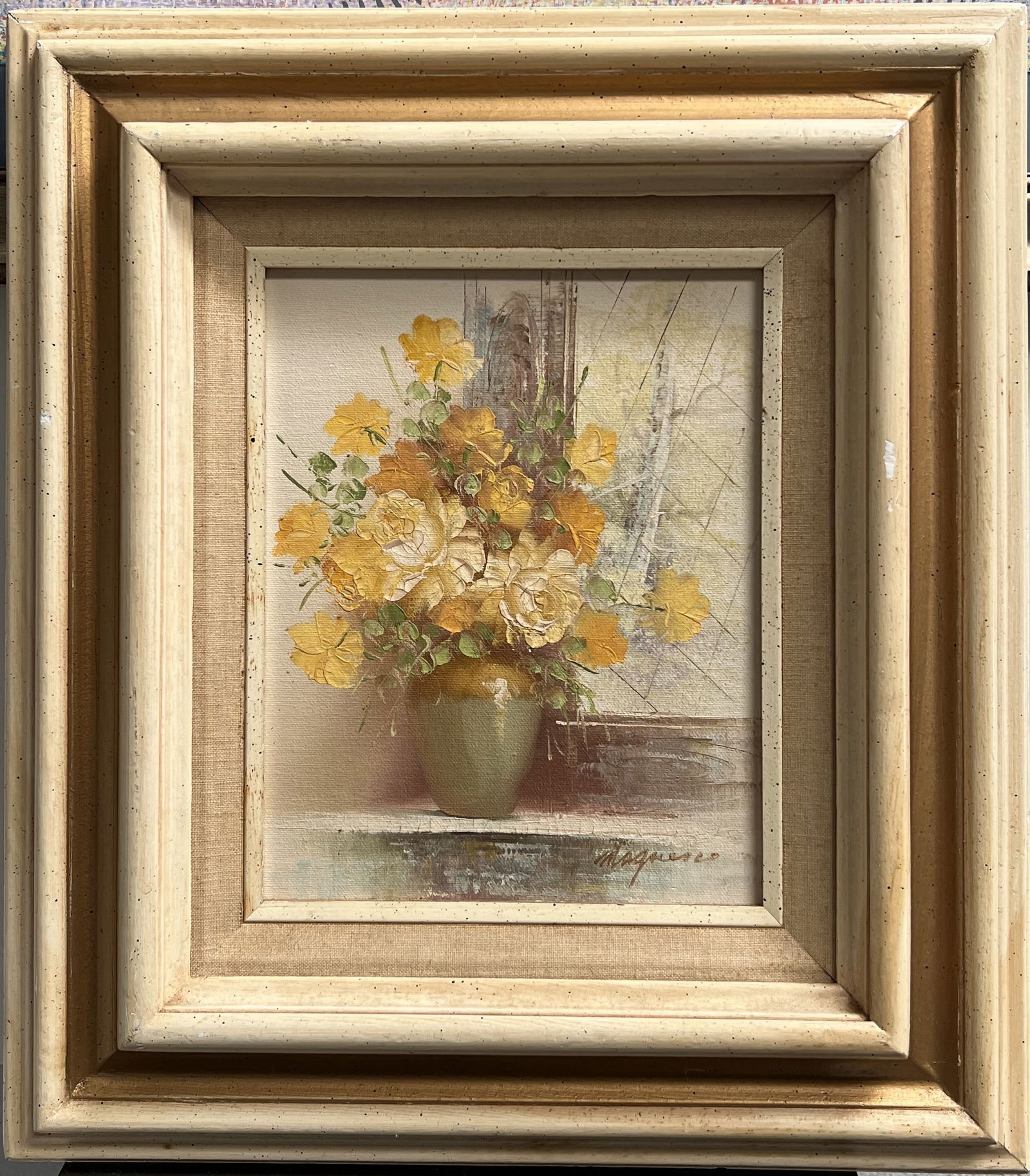 Original Floral Oil on Canvas Signed "Magnesco" – Mid-Century Still Life (17" x 15"): This elegant mid-century oil painting captures a lush bouquet of flowers in a footed vessel, rendered with the artist's characteristic use of light and shadow. The piece is executed in a heavy impasto