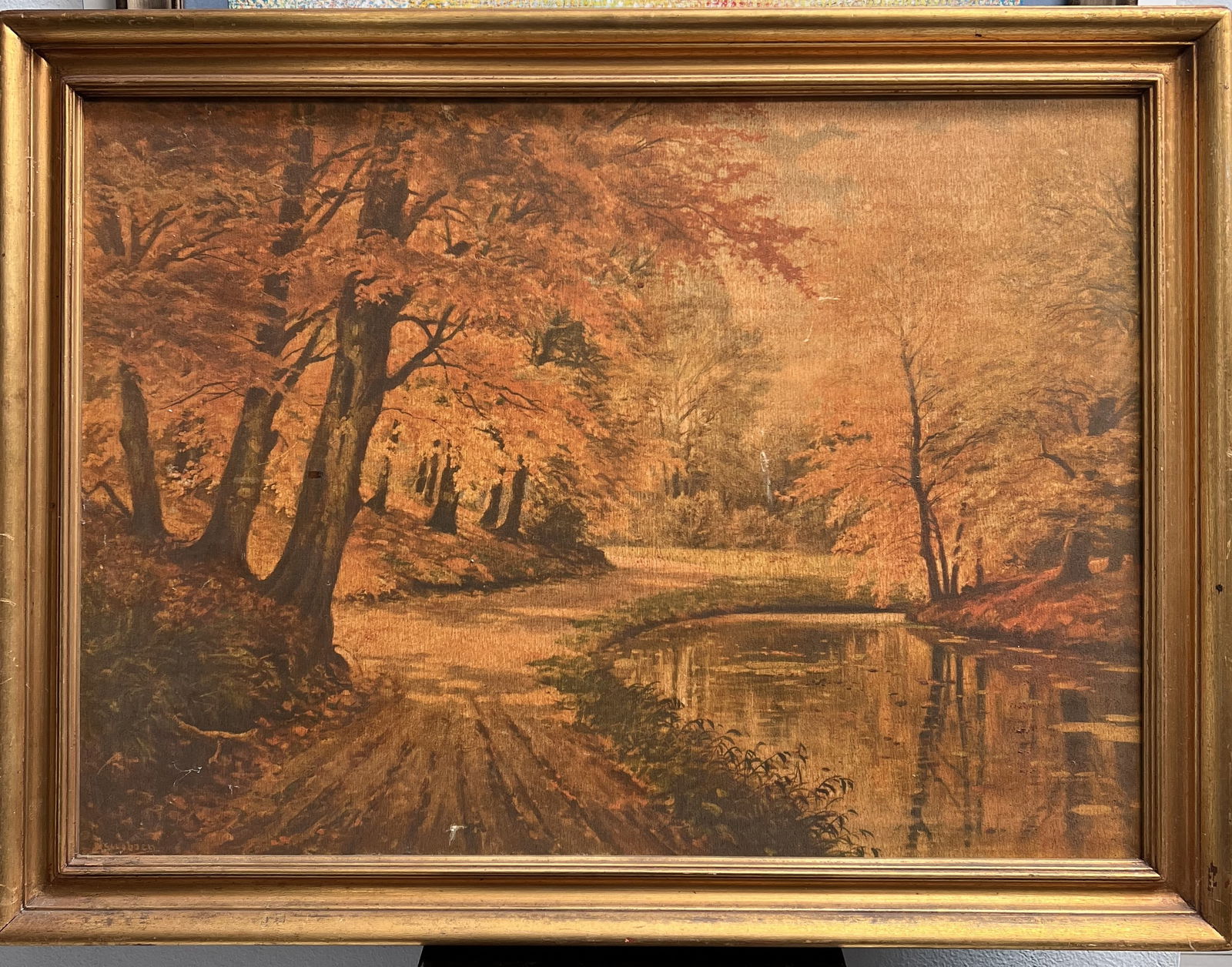 Gustavo Novoa (b. 1941) attributed to, Large Original Oil on Board – Atmospheric River Landscape: This expansive and moody landscape captures a panoramic river view, likely inspired by the artist’s travels in South America or Europe. The work is characterized by a masterful light-to-dark transit