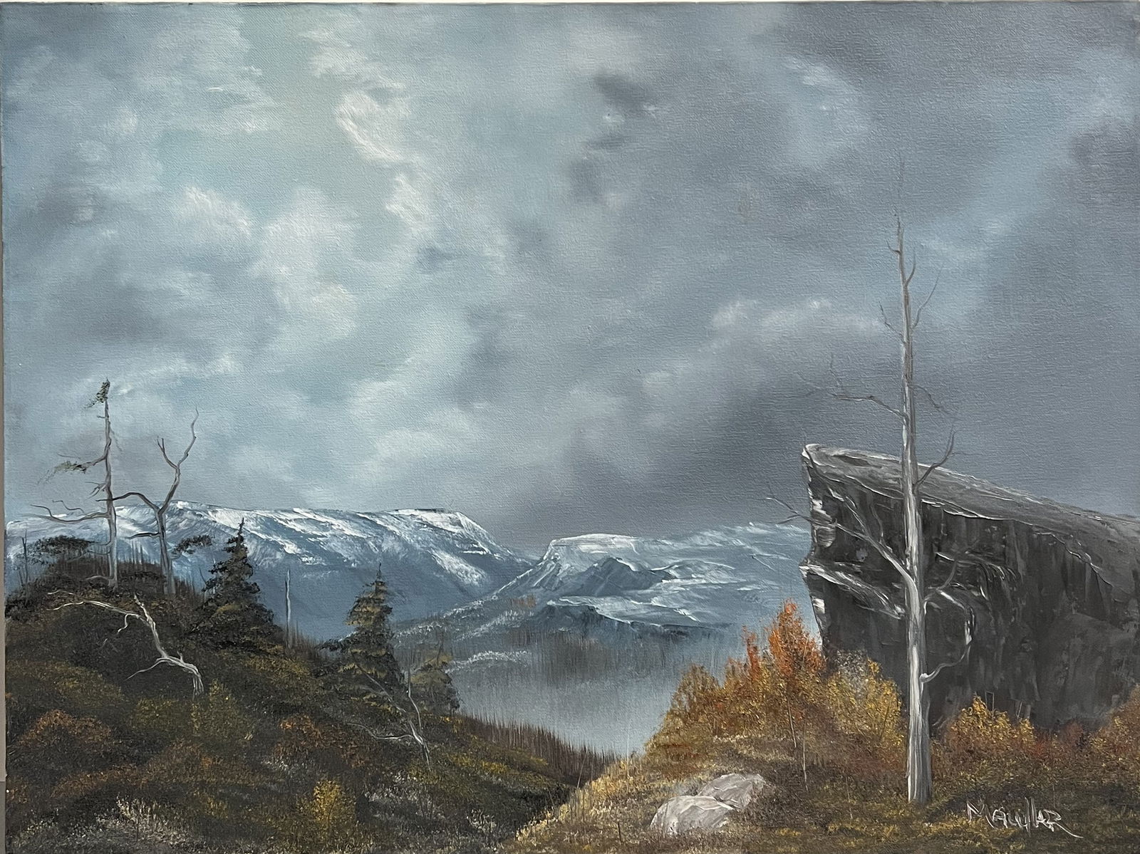 Dramatic Alpine Vista: Original Oil on Canvas by M. Müller attributed to: This striking mid-century oil on canvas captures a rugged mountain landscape with exceptional atmospheric depth. Signed "M. Müller" in the lower right, the piece features a masterful use of light and