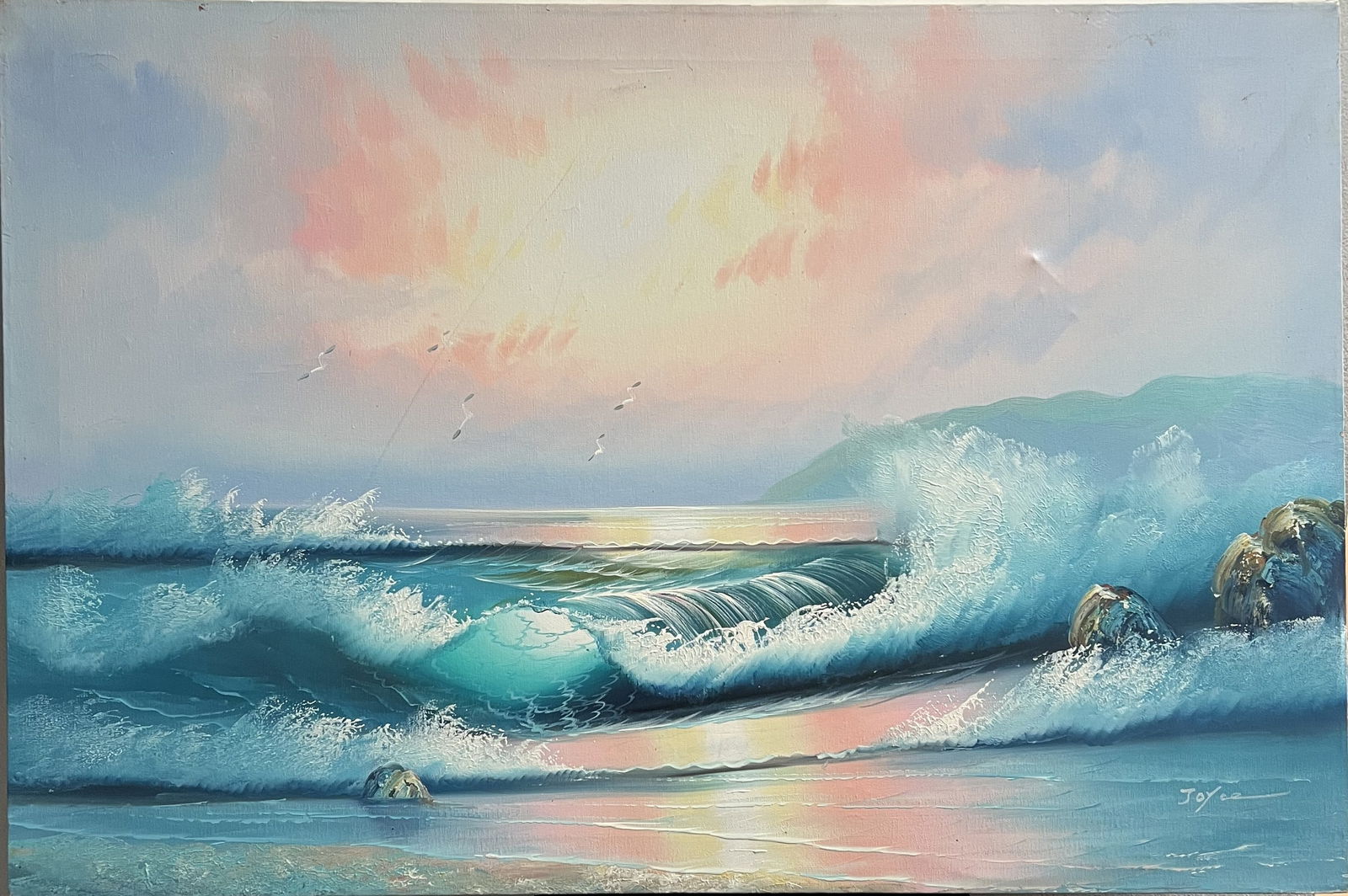 Oceanic Grandeur: Original Seascape by Joyce Ortner: Joyce Ortner (American, 1939–2015). Ortner was a master of the "crashing wave" technique and a frequent guest on Bob Ross's The Joy of Painting.A large-format oil on canvas depicting breaking turquo