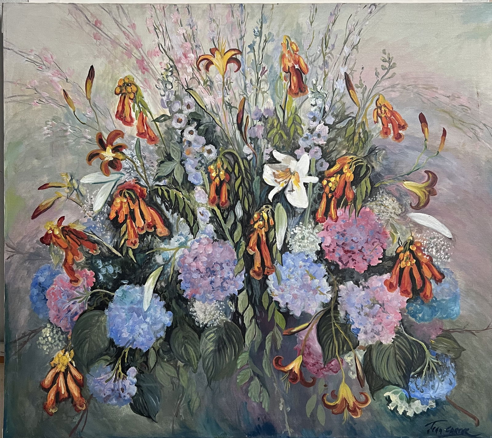 Jean Carter Original Floral Oil Painting - Large 32x36 Hydrangeas & Lilies: Artist: Jean Carter• Background: Jean Carter is a contemporary American artist known for her vibrant, impressionistic floral compositions. While there are several artists named "Carter" (such as