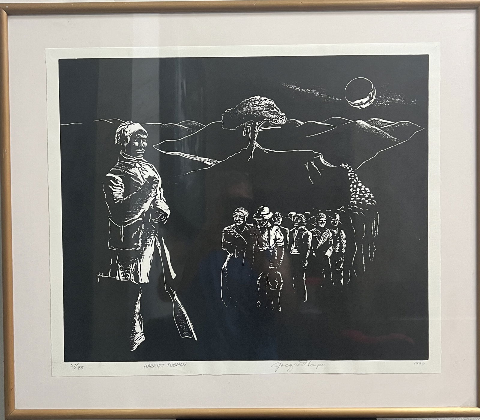 Harriet Tubman (from the "Famous Women in Herstory" series) artist Jacque Harper (New Moon: The artist is Jacque Harper, a woman printmaker who operated New Moon Studio in West Brookfield, Massachusetts. Her work is characterized by "woman-positive imagery" and feminist themes. This specific