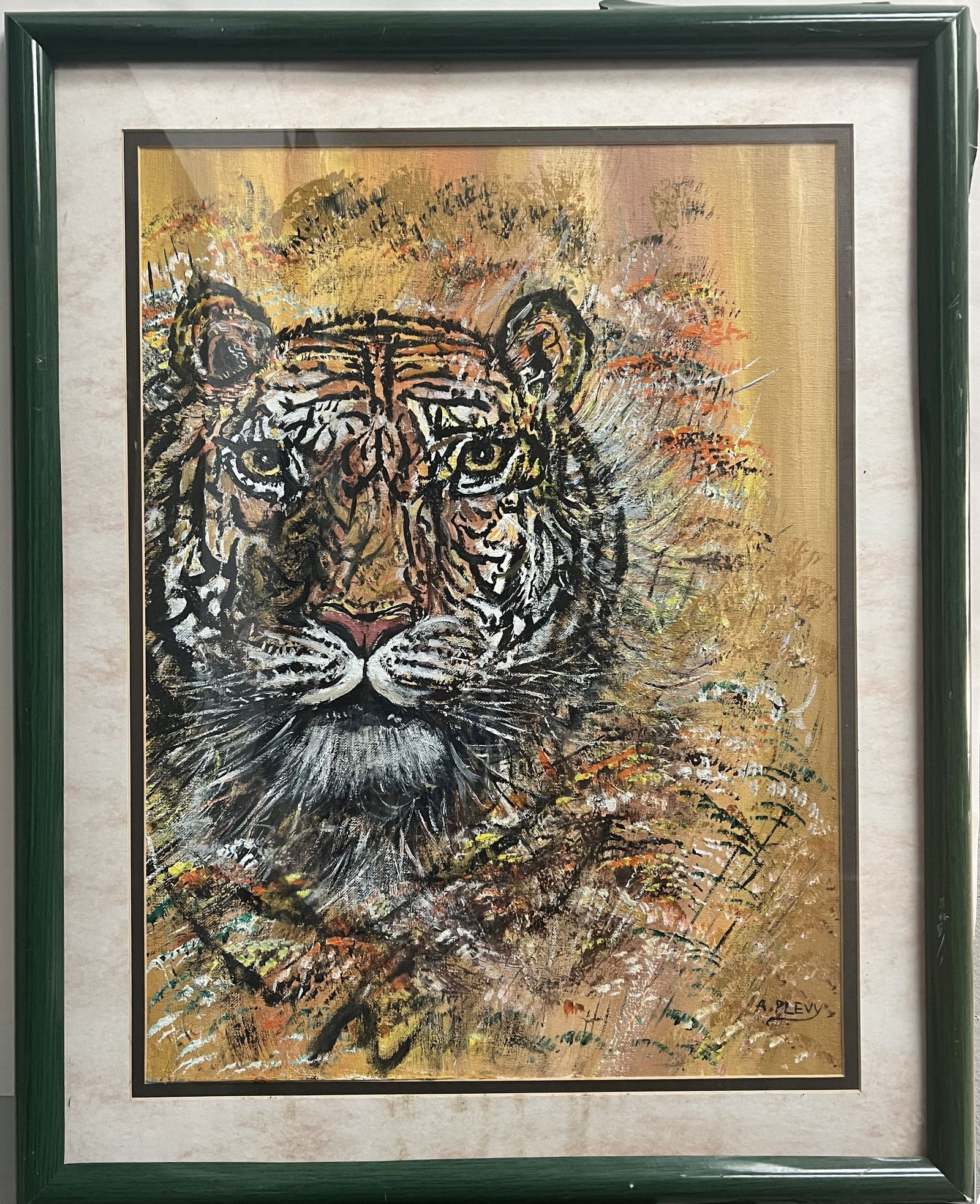 Original A. Plevy Mid-Century Expressive Tiger Portrait – Framed Oil/Acrylic on paper: This is a striking original wildlife painting by artist A. Plevy, featuring a powerful and intimate portrait of a tiger. The piece is executed with a high level of texture and expressive energy; the t