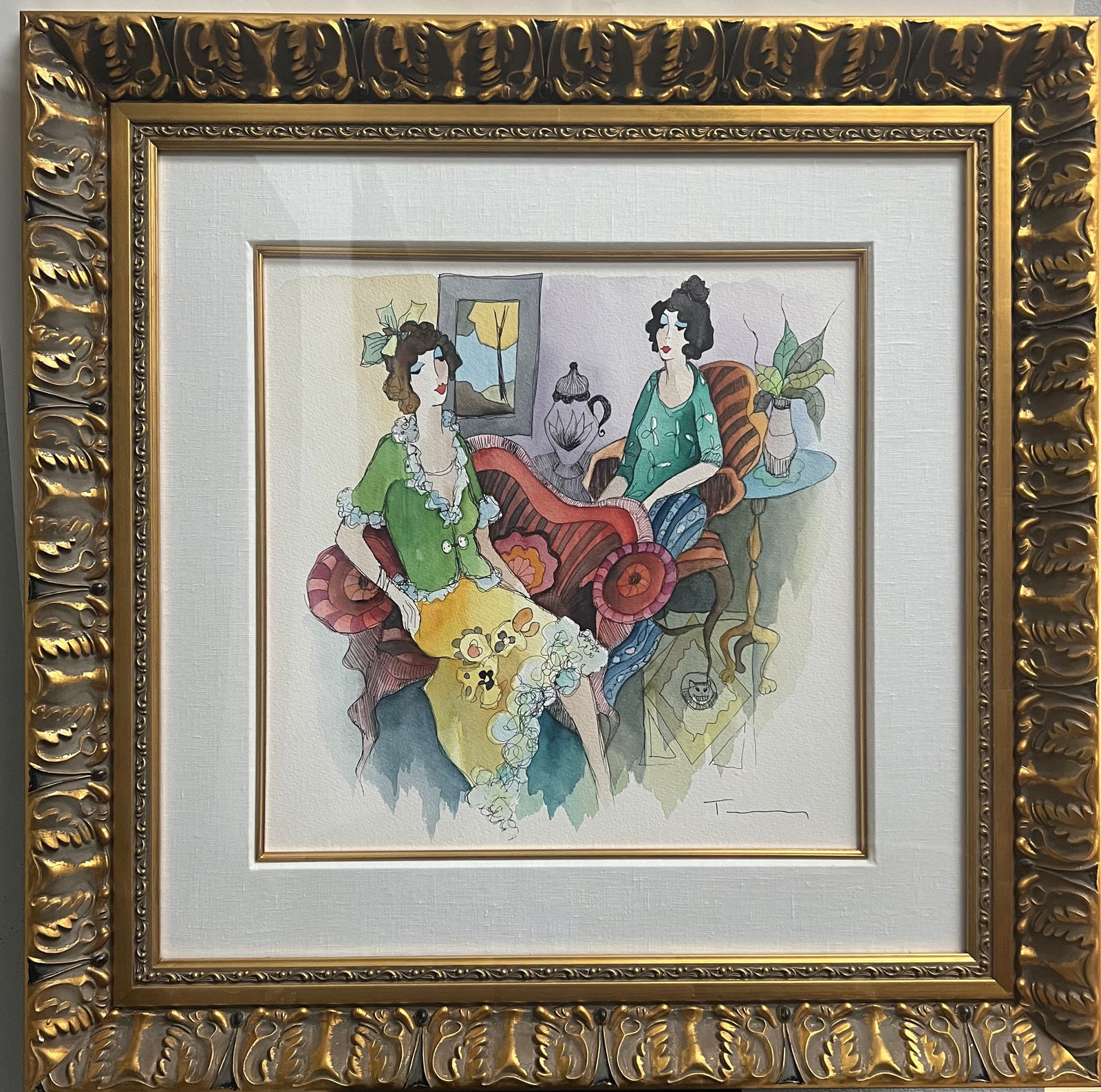 Original Itzchak Tarkay Signed Watercolor & Ink – "Intimate Café" Scene – Large 31" x 31" (1 of 4)