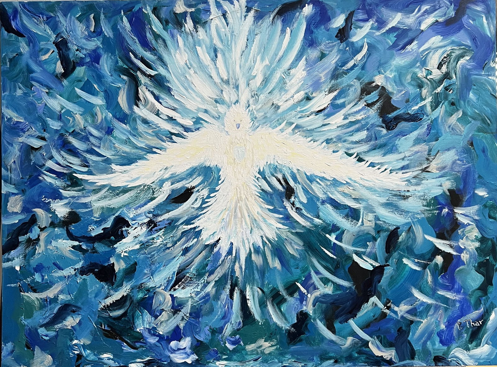 Ascension of the Spirit This is a striking original abstract expressionist oil painting: This is a striking original abstract expressionist oil or acrylic painting on canvas, measuring 40 x 30 inches.• Subject Matter: The central focus is a stylized, luminous white dove with its wing