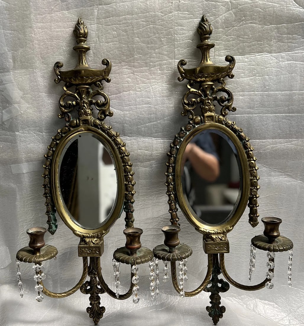 Pair of vintage brass mirrored wall sconces, designed to hold candles. (1 of 3)