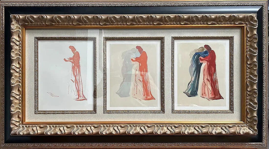 Decomposition of Purgatory Canto 29, from The Divine Comedy, circa 1959-1964: This exquisite piece by Salvador Dali is a must-have for any art collector. The Decomposition of Purgatory Canto 29 from The Divine Comedy is a stunning woodcut print that showcases the artist's maste