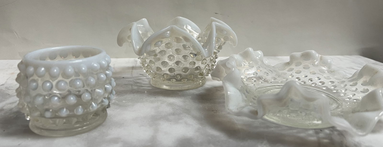 Vintage Hobnail White Opalescent Glass - 3 Piece Set: These three pieces are classic examples of Hobnail Milk Glass, likely produced by Fenton Art Glass (or a similar mid-century maker like Westmoreland). The set features a beautiful "opalescent" finish,