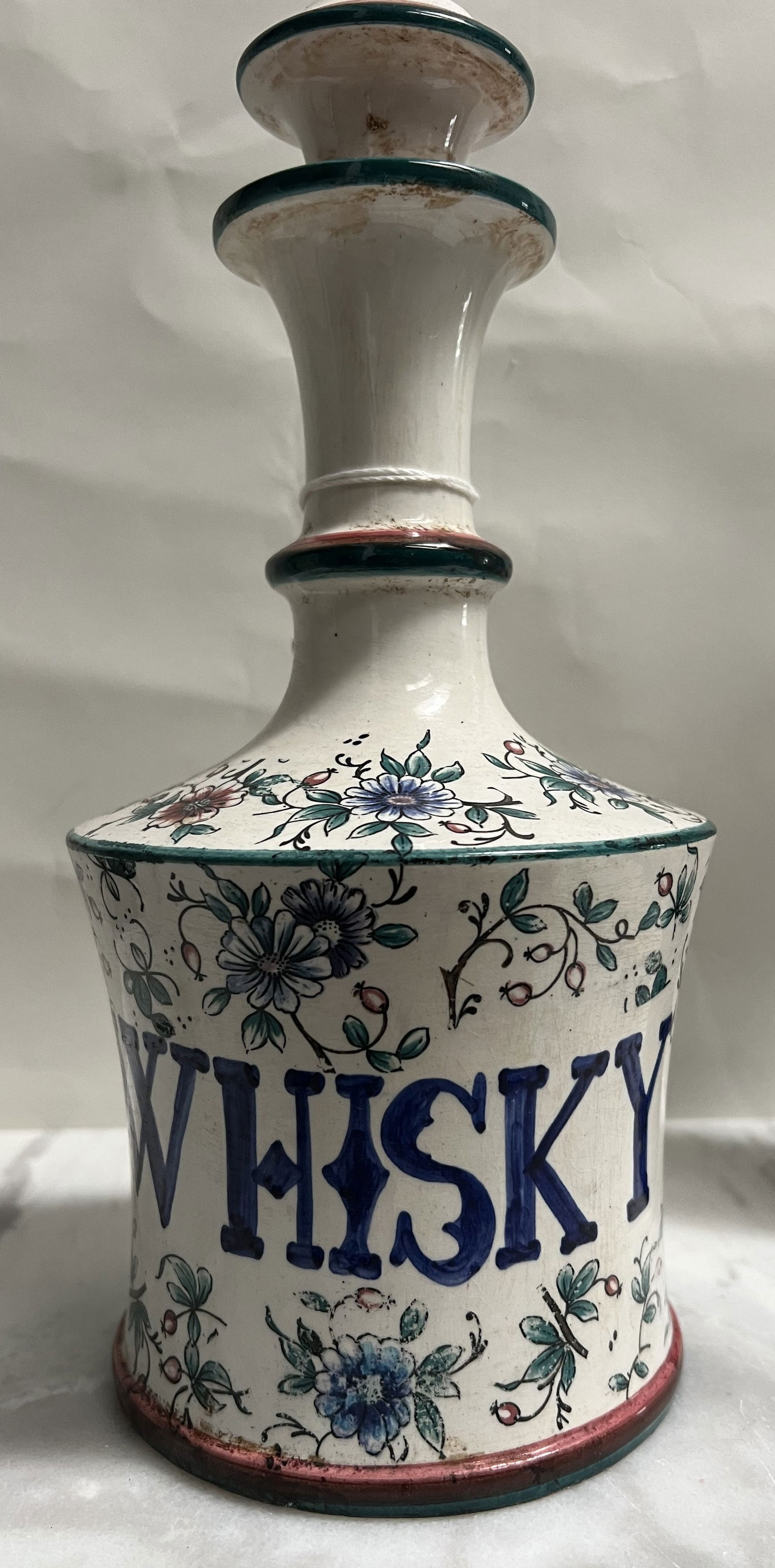 Vintage Italian Ceramic Whiskey Decanter - Hand-Painted Floral - Sylca Italy Mod 728: This vintage Italian ceramic decanter is a beautiful example of mid-century hand-painted pottery, likely intended for use as a decorative whiskey or liqueur vessel.• Maker/Origin: Marked "Sylca"