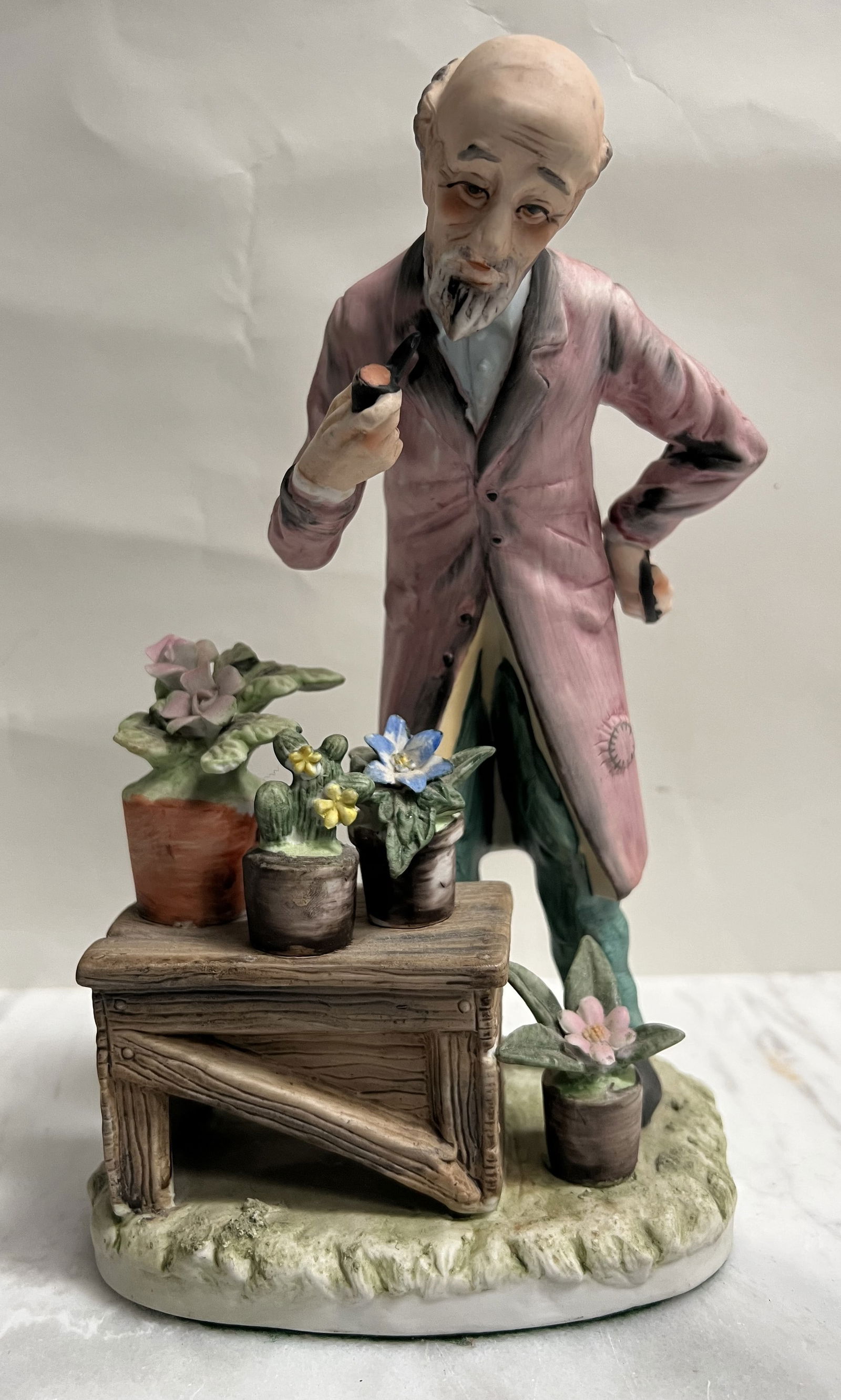 Vintage 9" Ceramic Figurine - Old Man Smoking Pipe with Flower Pots - Matte Finish Gardener (1 of 4)