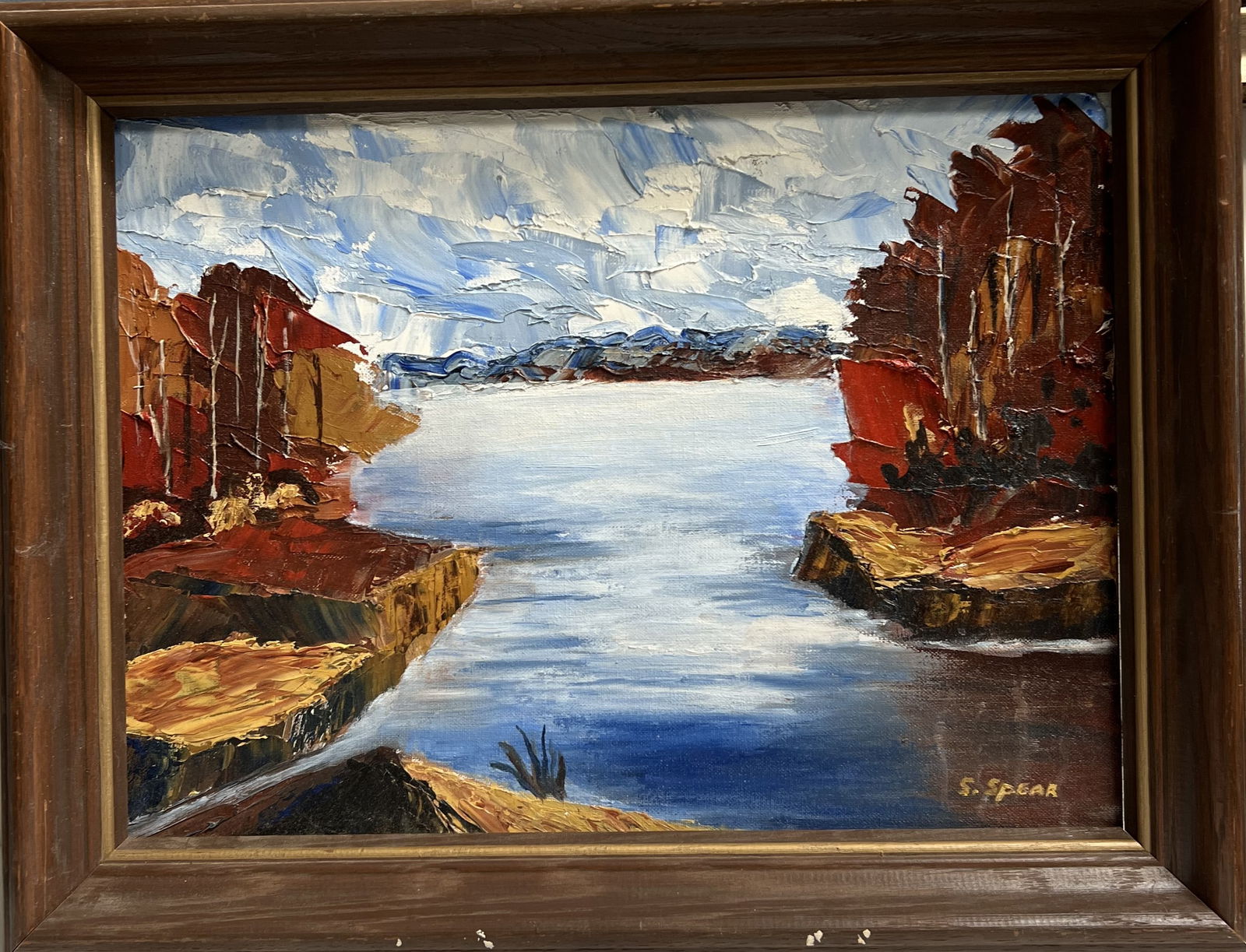 Vintage S. Spear Signed Oil Painting – Moody Coastal Seascape – 19” x 15”: Artist: Signed "S. SPEAR" in the lower corner.• Subject: A dynamic coastal seascape featuring [mention specific details like crashing waves or rocky cliffs seen in your full image].• Medium: