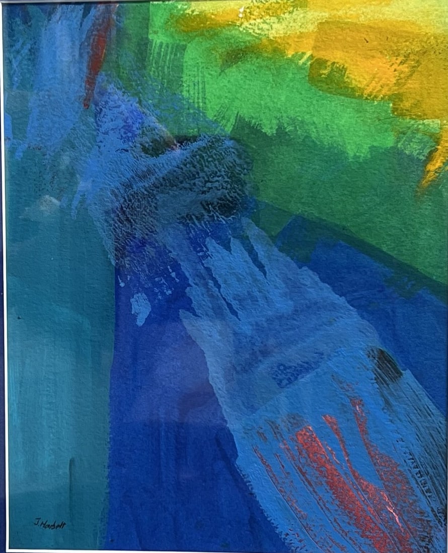 Azure Resonance" • Artist: June Harbett • Dimensions: 15 x 17 inches (Framed): This original work features a vibrant, non-objective composition characterized by sweeping brushstrokes and a rich, layered palette. The artist utilizes cool tones of deep cobalt and cerulean blue as