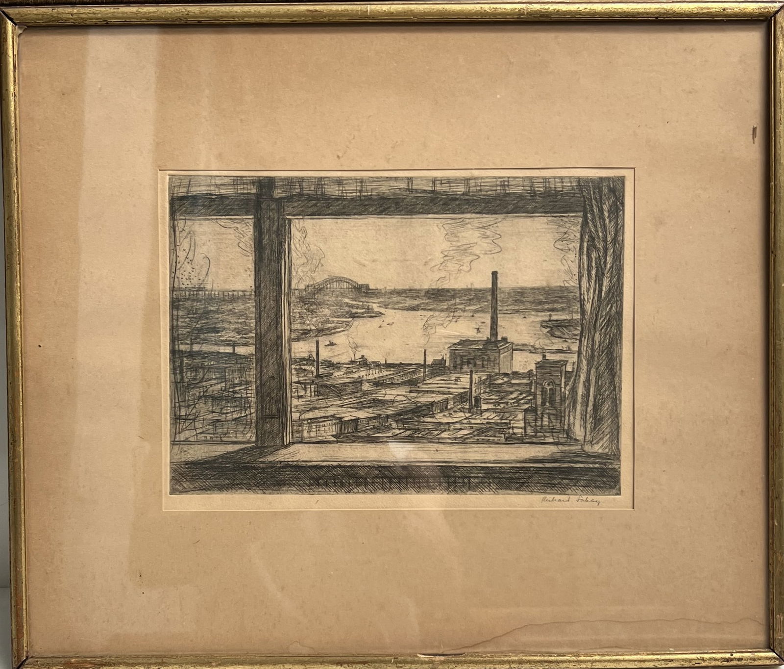 Original Signed Industrial Etching: "Bridge Over the Smokestacks" - Framed 17x14 (1 of 3)