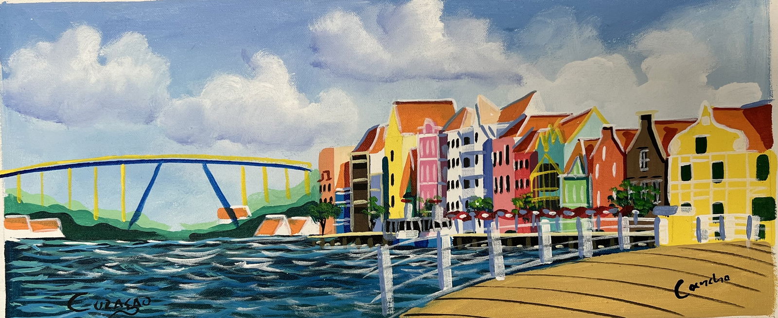 Original "Concha" Curaçao Waterfront Painting – Hand-Painted Canvas (11" x 23"): This vibrant painting depicts the iconic Handelskade waterfront in Willemstad, Curaçao, recognizable by its brightly colored 17th-century Dutch colonial buildings. The scene features the Queen Julian