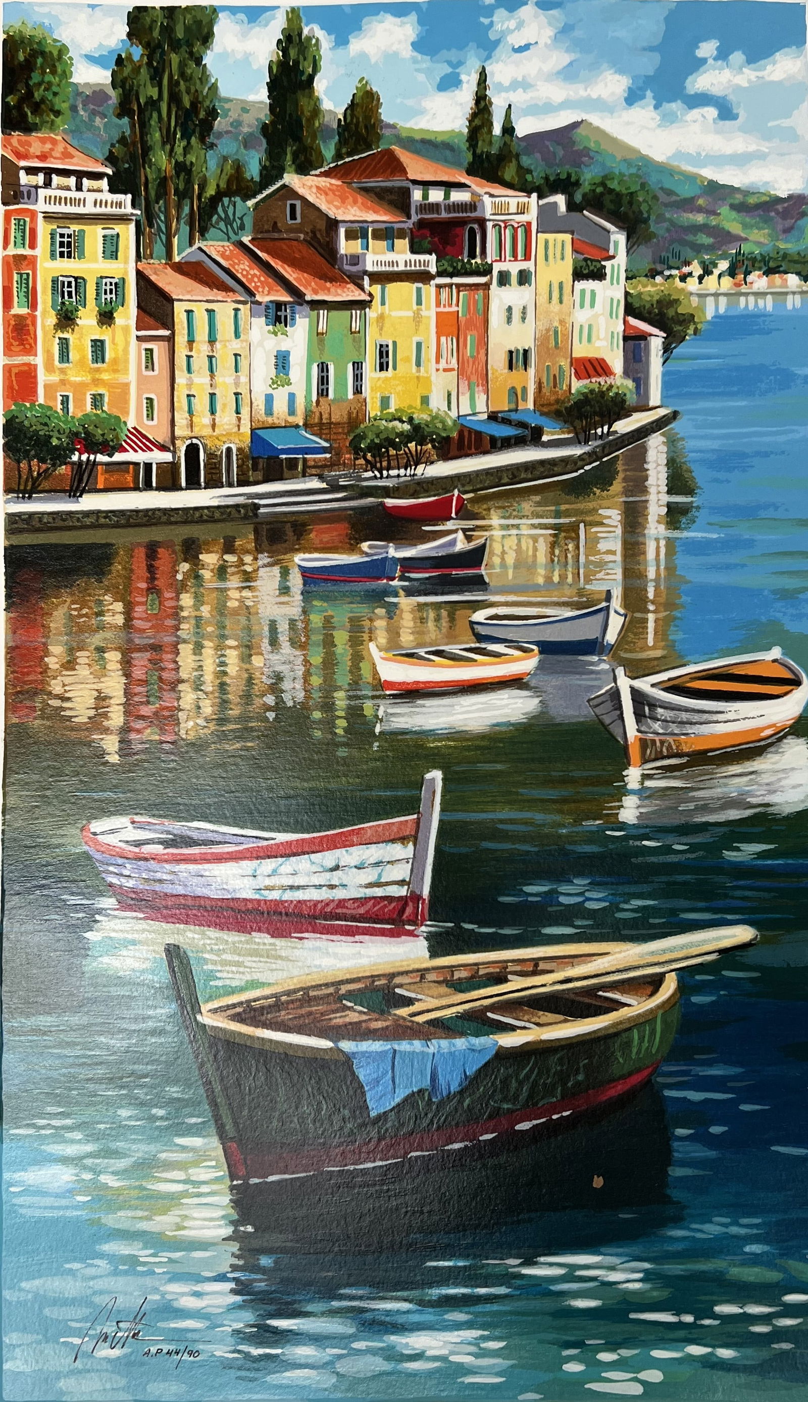 Signed & Numbered Limited Edition Abstract Geometric Print – 44/90 (14" x 25") unframed: This abstract limited-edition print features a bold, mid-century modern aesthetic with a focus on geometric forms and a sophisticated, muted color palette.Based on the signature and the very small edi